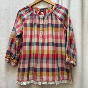 Tea Collection Flannel Plaid Girls Top Shirt Blouse Eyelet Peasant Colorful 8